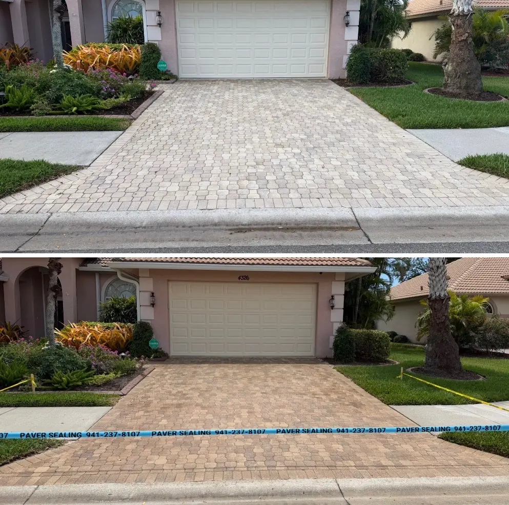 Paver driveway wet-look seal before and after — dull faded surface transformed to rich deep color