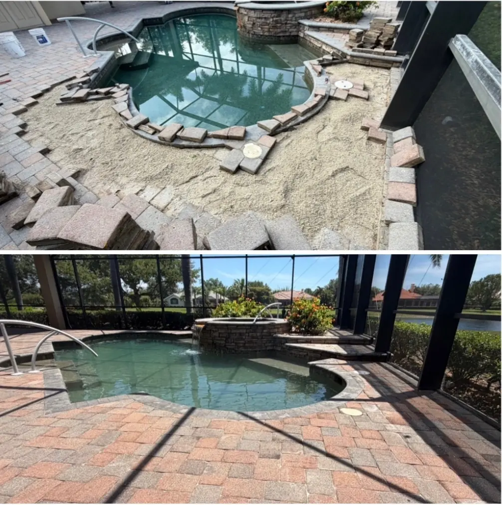 Pool deck paver re-leveling before and after — lifted sunken pavers reset and resealed by HD Paver Sealing in Southwest Florida