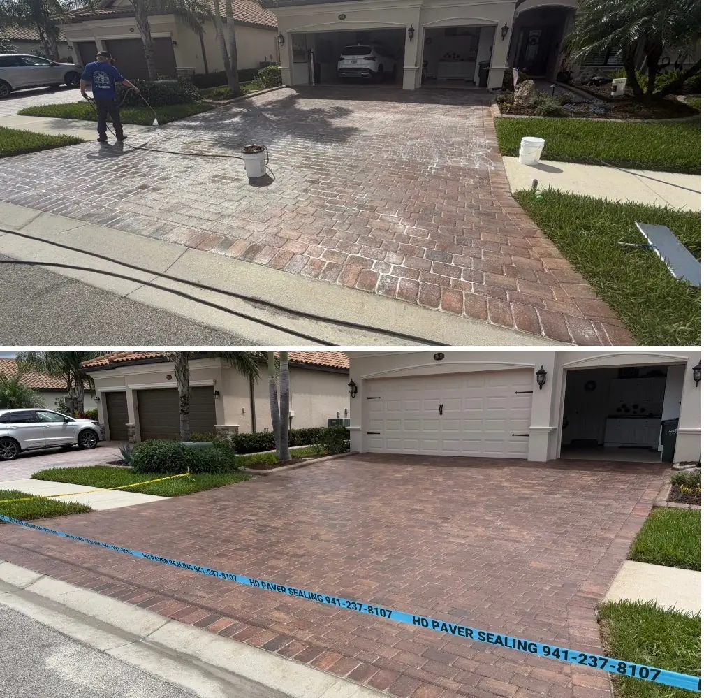 Residential driveway paver sealing before and after — HD Paver Sealing wet-look finish in Southwest Florida