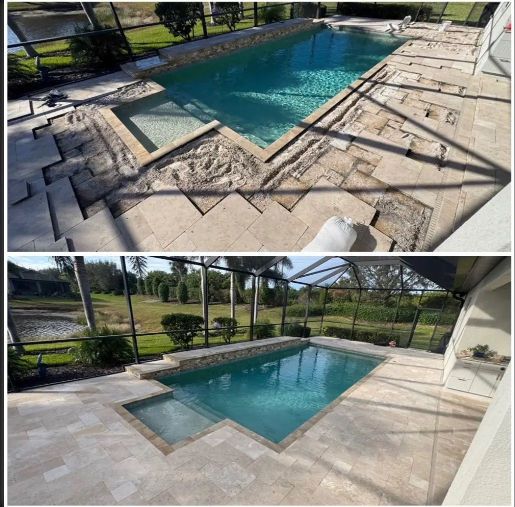 Travertine pool deck restoration before and after — displaced tiles re-leveled and restored by HD Paver Sealing